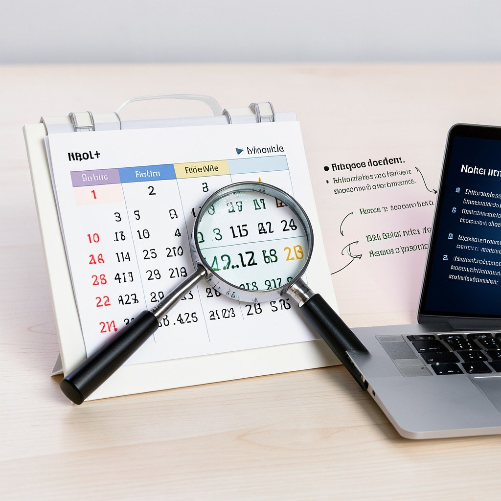 Calendar with magnifying glass highlighting financial dates, clean modern desk setup with laptop, informational layout, aspect ratio 4:3