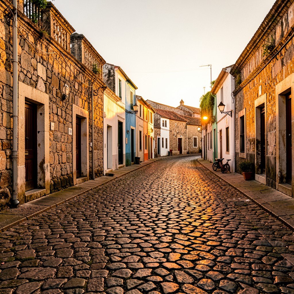 Charming cobblestone street in the Colonial City of Santo Domingo, old stone buildings, warm sunset lighting, Review/Daily style, 4:3