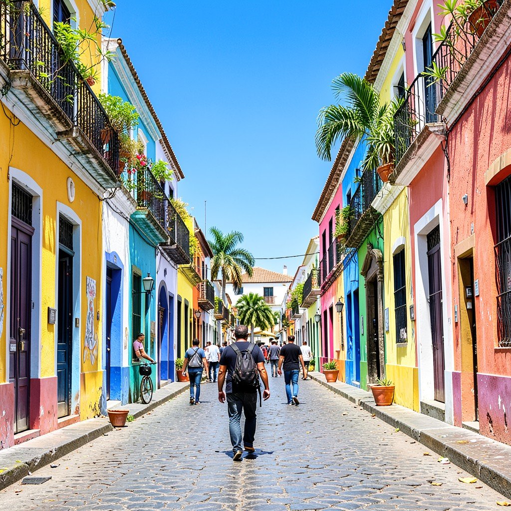 Walking along a colorful street in the Colonial City of Santo Domingo, bright summer day, clear blue sky, tropical atmosphere, Review/Daily style, 4:3