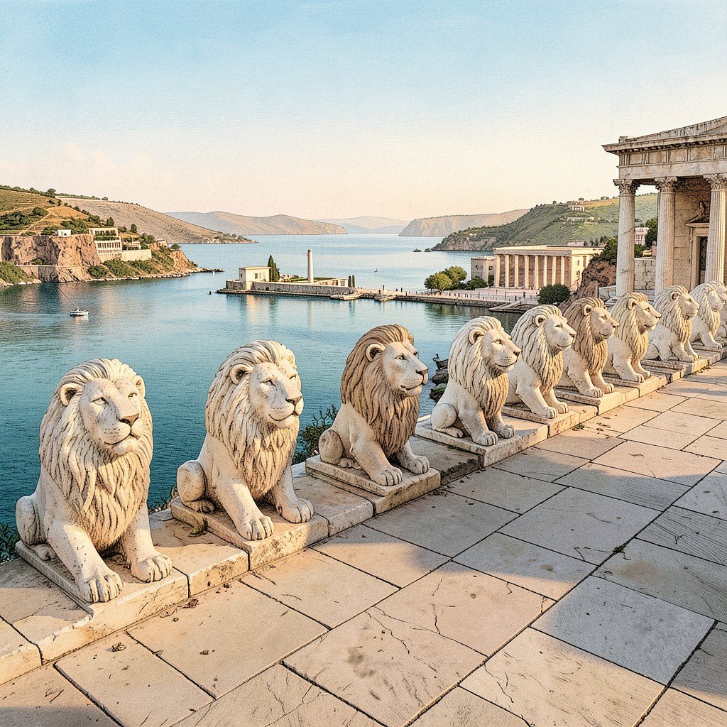 The Terrace of the Lions on Delos island Greece, marble lion statues in a row overlooking the sacred lake area, clear sky, historical illustration style, warm lighting, no people, 1:1