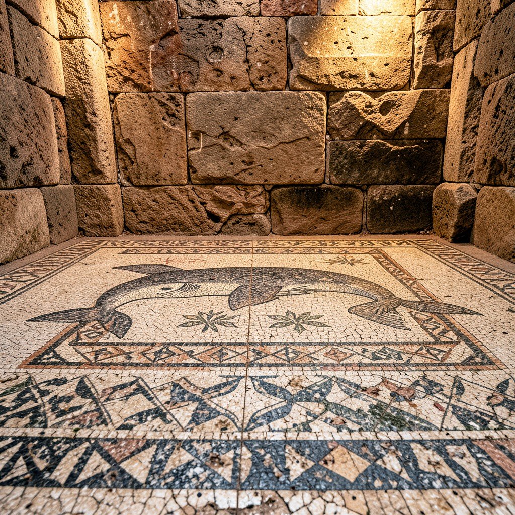 Ancient mosaic floor with dolphin and geometric patterns in Delos ruins Greece, detailed artistic rendering, warm lighting, textured stone background, no people, 4:3