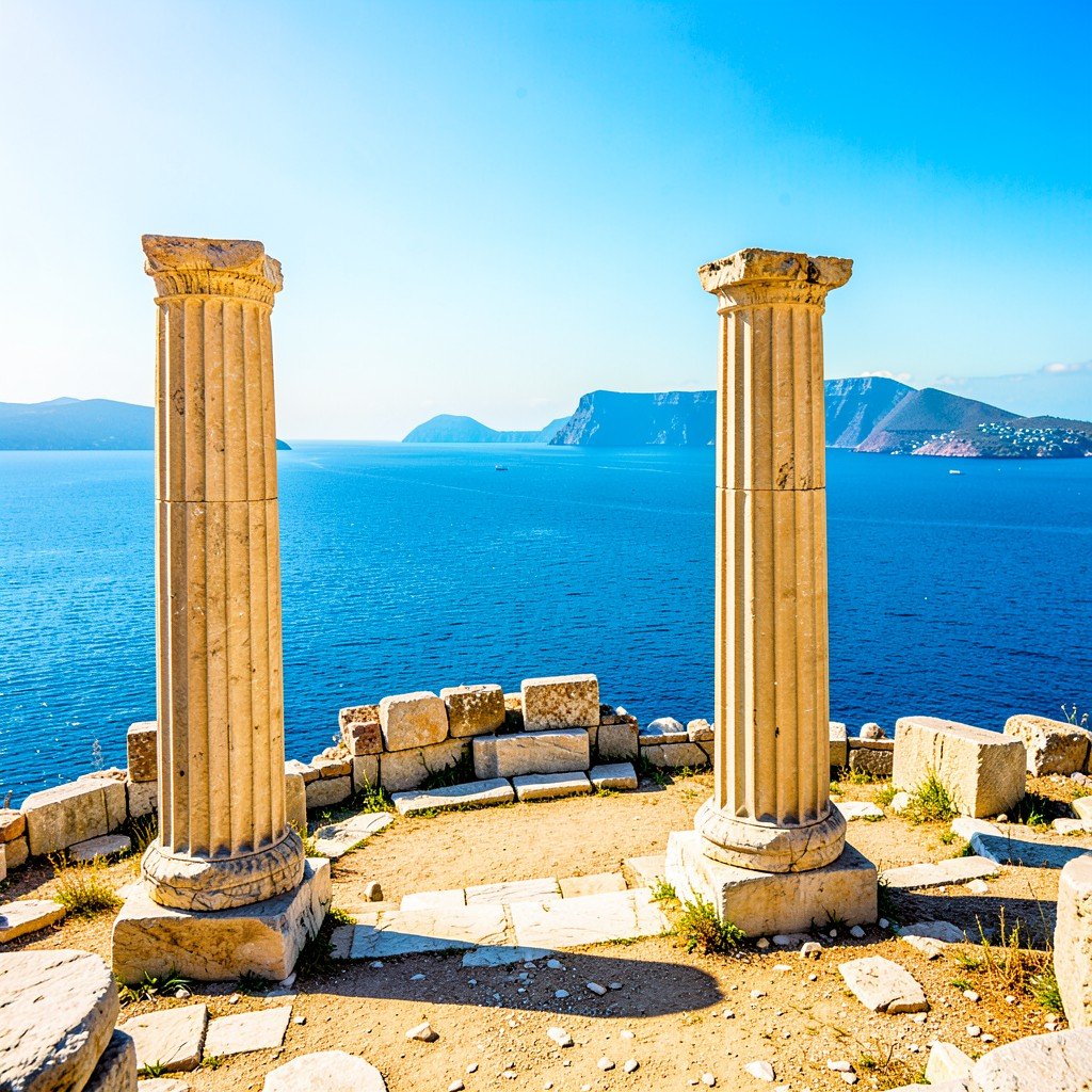 Ruins of ancient columns with the blue Aegean sea in the background on Delos island Greece, bright sunny day, vivid colors, travel photography, warm lighting, no people, 1:1