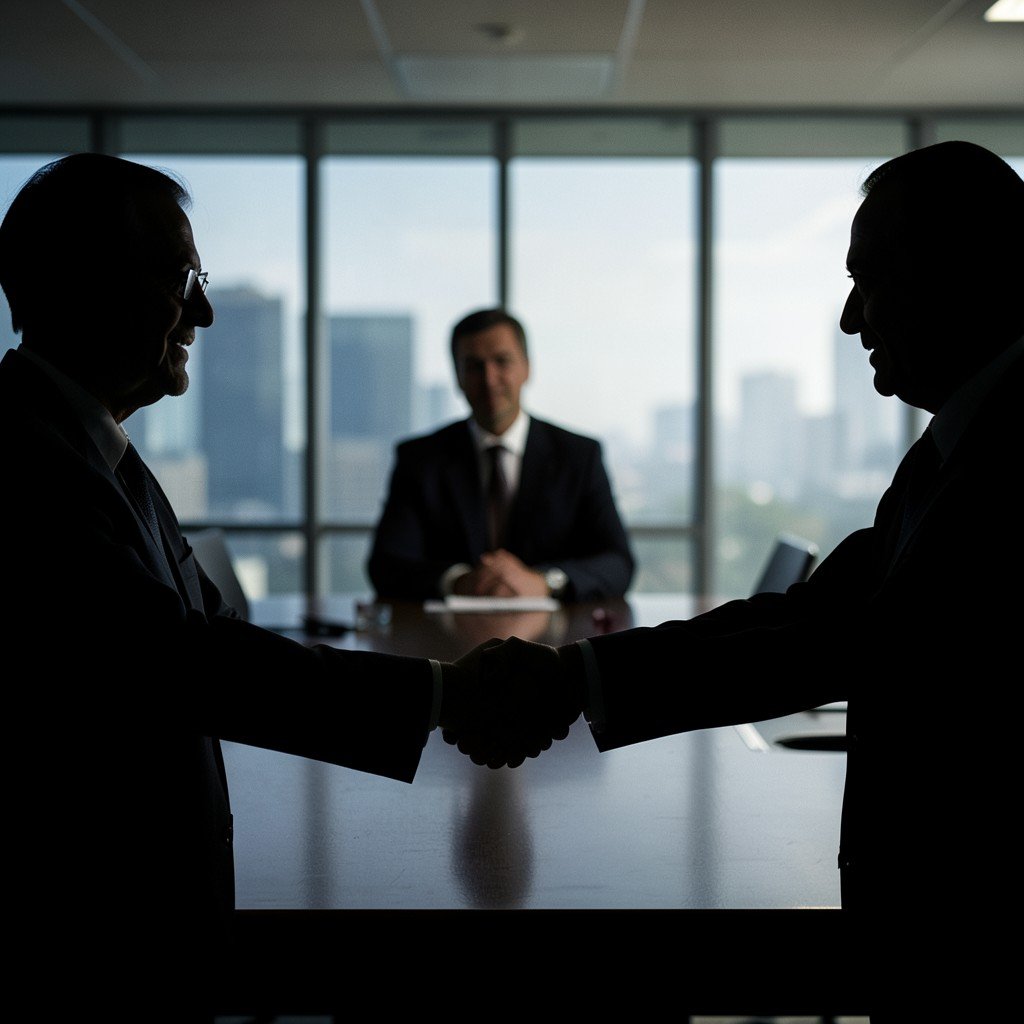 Shadowy figures shaking hands in a corporate boardroom, dramatic lighting, investigative mood, 4:3