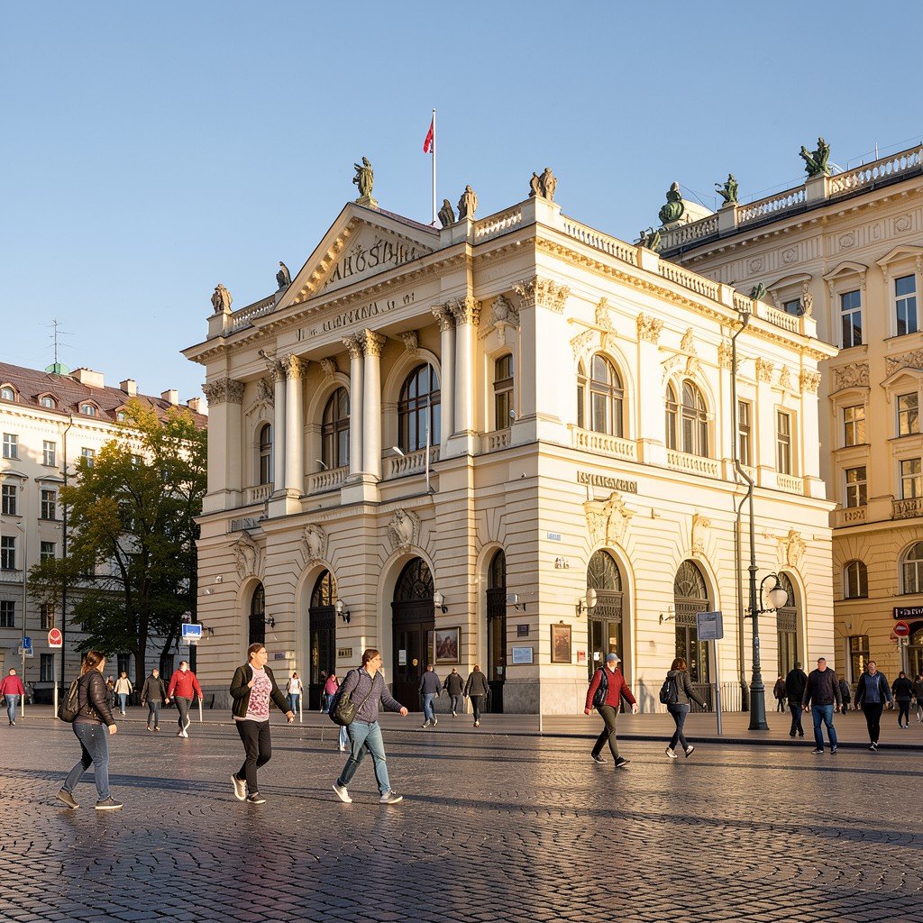 Arts Square in Saint Petersburg with Russian Museum building, classic neoclassical architecture, sunny afternoon, pedestrians walking, aspect ratio 4:3