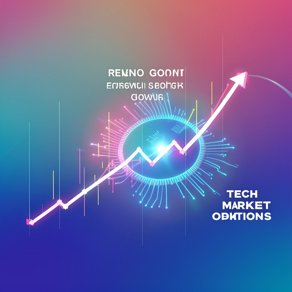 Upward trending financial stock chart overlaying a glowing semiconductor wafer, representing revenue growth and tech market optimism, modern clean infographic style, colored gradient background, 4:3