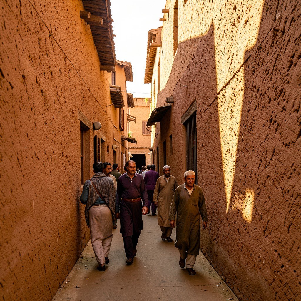 Narrow alleyways between traditional mud-brick houses in Itchan Kala, warm natural lighting, local people in traditional clothing walking, textured walls, History/Culture style, no visible text, aspect ratio 4:3