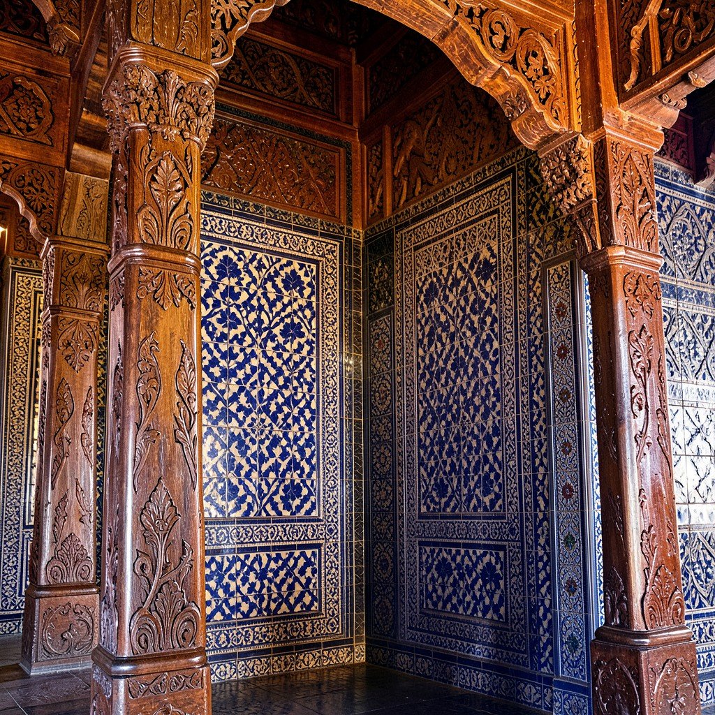 Ornate blue tile work and carved wooden pillars inside Tash Hauli Palace, Itchan Kala, detailed textures, historical architecture, warm lighting, History/Culture style, no visible text, aspect ratio 4:3