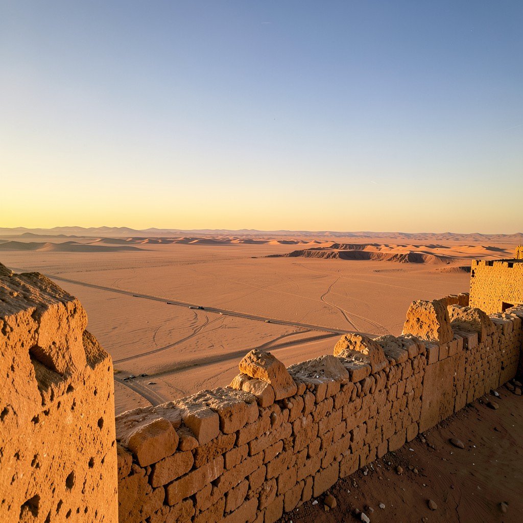 View looking out from the ancient walls of Itchan Kala, vast Kyzylkum desert stretching to the horizon, clear sky, golden hour lighting, History/Culture style, no visible text, aspect ratio 4:3