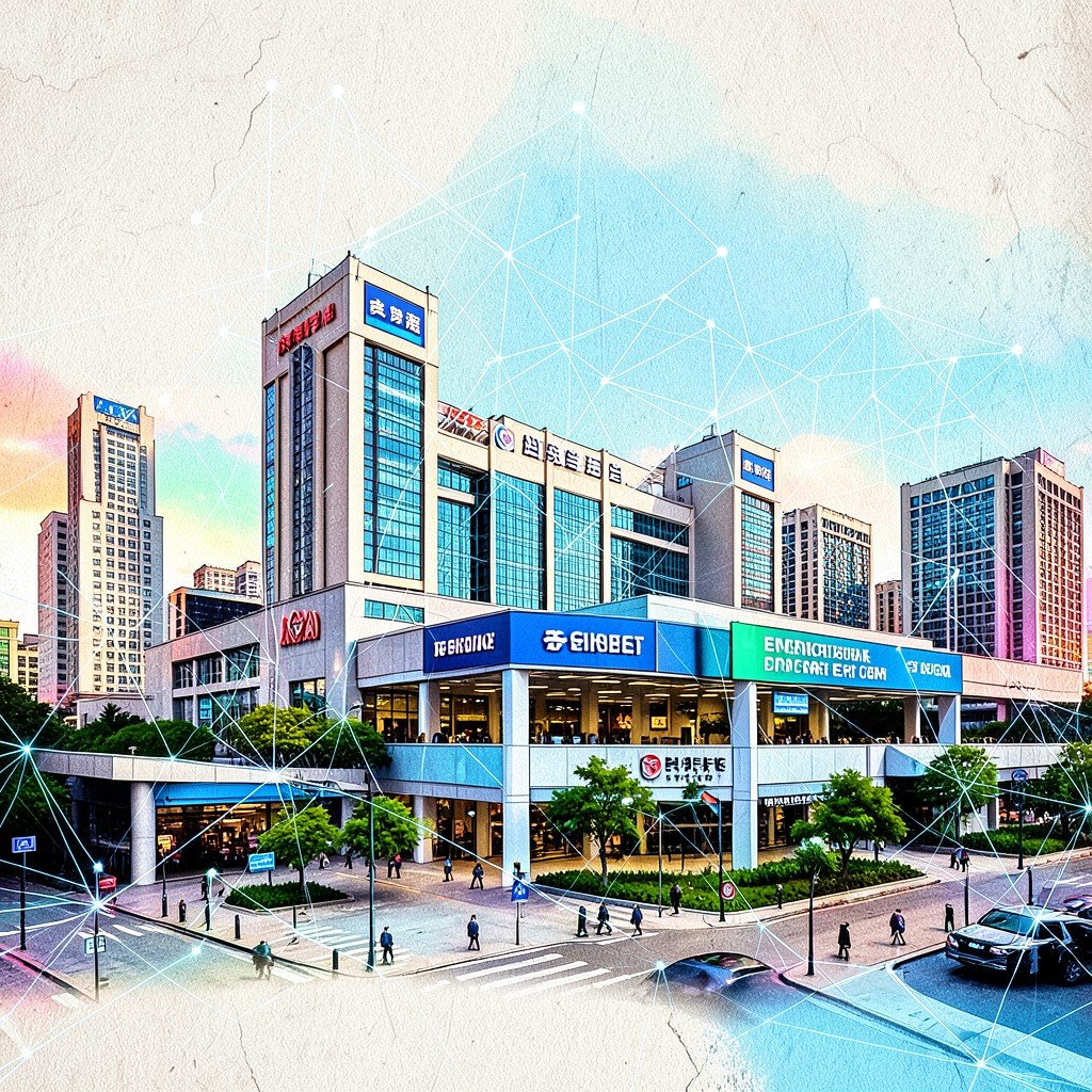 Chinese cityscape with government building and employment center, subtle digital AI network overlay, vibrant colors, professional illustration style, textured background, aspect ratio 1:1