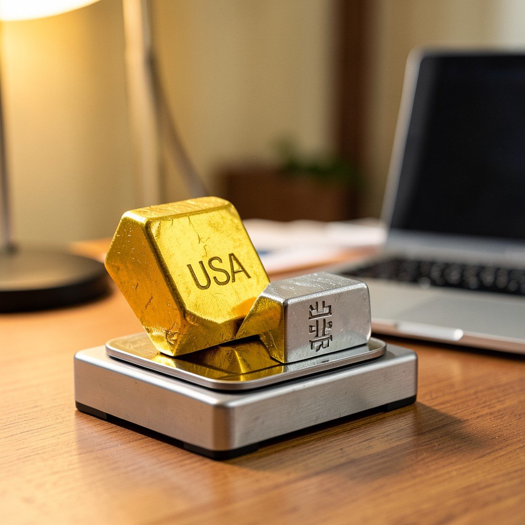 Conceptual image of a weighing scale comparing a gold bar labeled USA and a smaller silver bar labeled China, office desk background with laptop, warm lighting, no text, aspect ratio 4:3