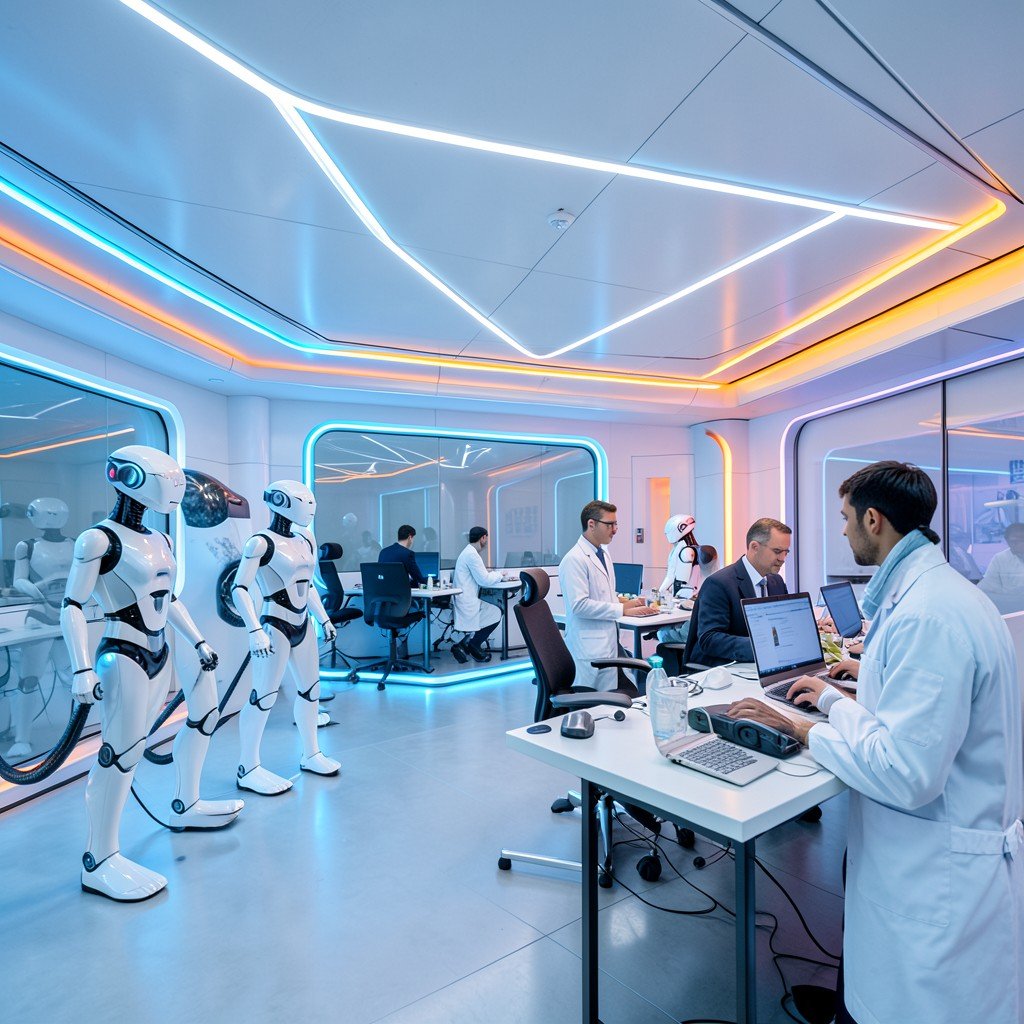Futuristic office with AI robots and human engineers working side by side, bright balanced lighting, neon blue and orange accents, no text, aspect ratio 1:1