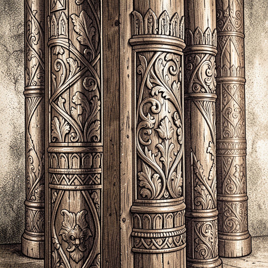 Close up of intricately carved wooden pillars of Jesuit Missions of the Chiquitos, blending European Baroque and indigenous patterns, textured background, History/Culture style, artistic illustration, no text, aspect ratio 1:1