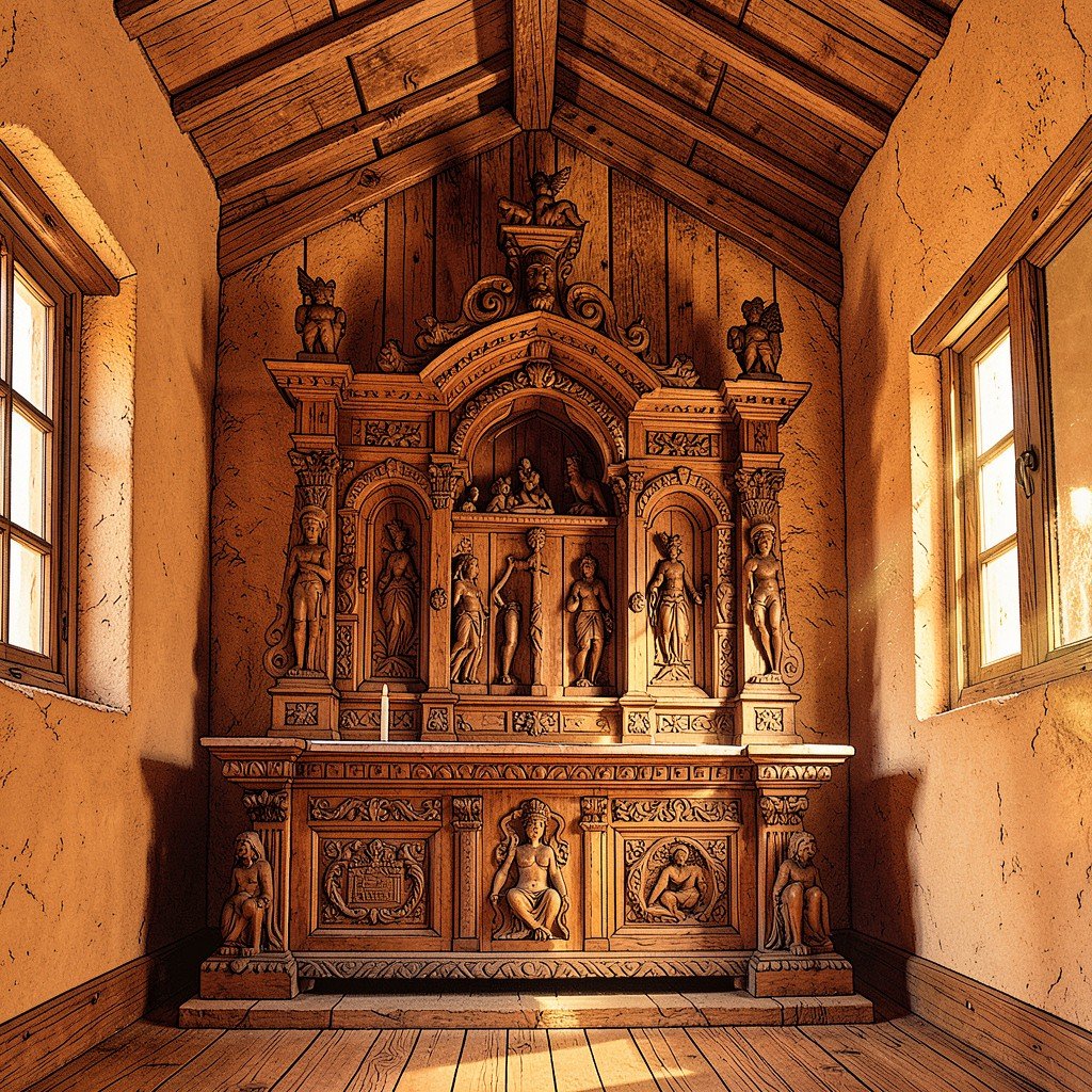 Inside a Jesuit mission church built with wood and clay, Baroque wooden altar with indigenous carvings, warm natural lighting, textured adobe walls, History/Culture style, artistic illustration, no text, aspect ratio 4:3