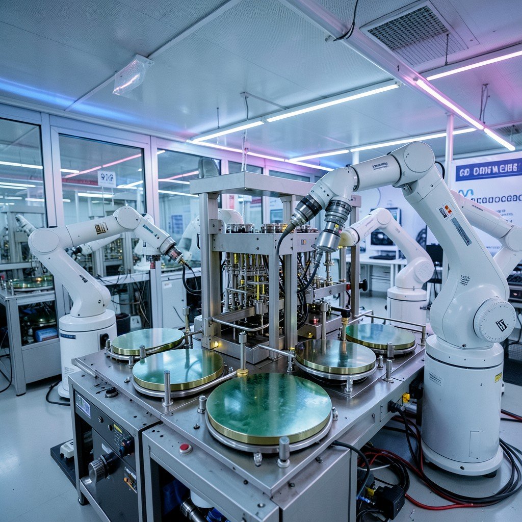 Advanced semiconductor fabrication facility with automated robotic arms processing silicon wafers, clean room environment, neon lighting, informational style, aspect ratio 4:3