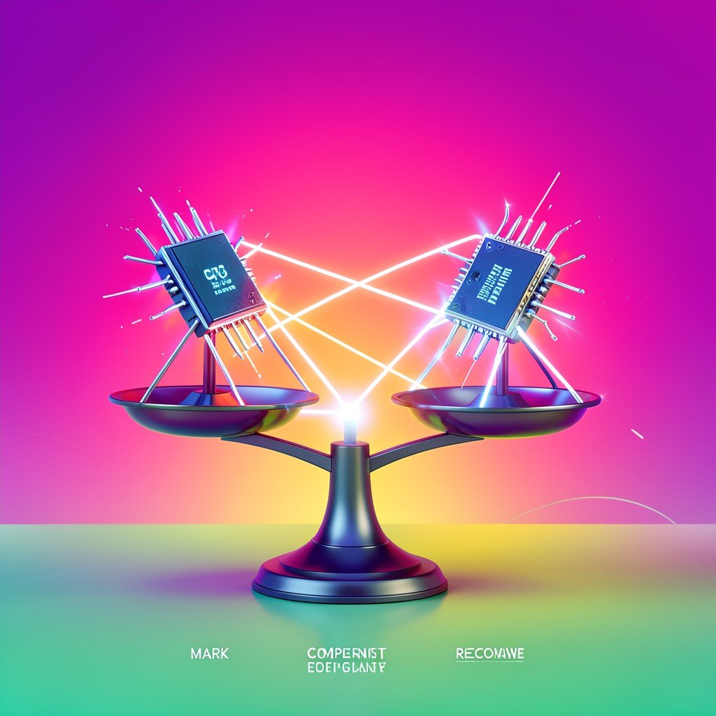 Abstract representation of market competition and recovery, two futuristic microchips on a balanced scale, glowing pathways connecting them, vibrant gradient background, informational style, aspect ratio 1:1
