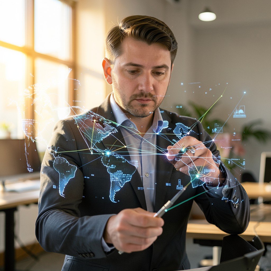 A businessman analyzing a global supply chain network hologram, focused expression, modern office setting with warm natural lighting, aspect ratio 4:3