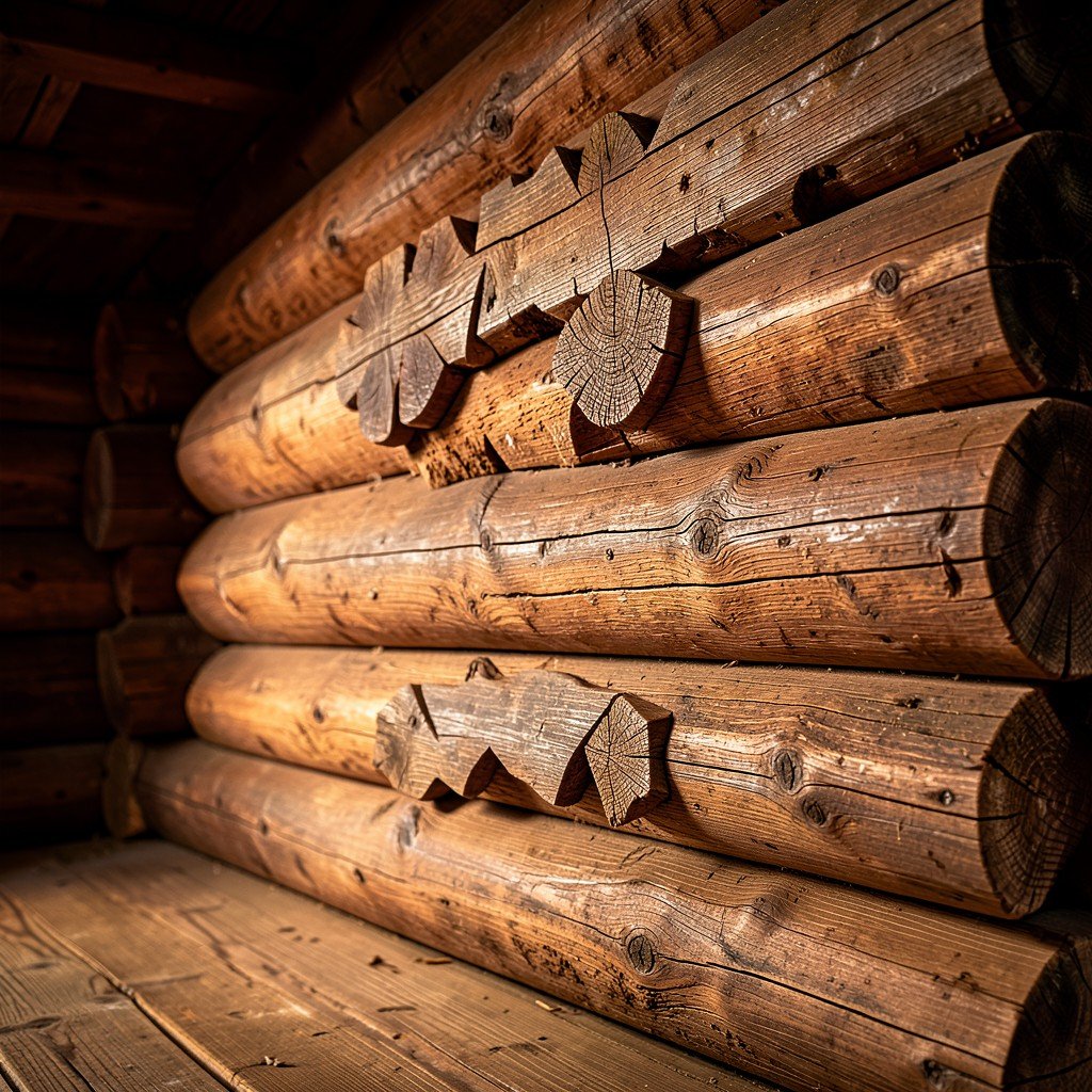 Traditional Russian wood joinery interlocking logs without nails, detailed craftsmanship, wooden texture, historical construction technique, warm lighting, aspect ratio 1:1