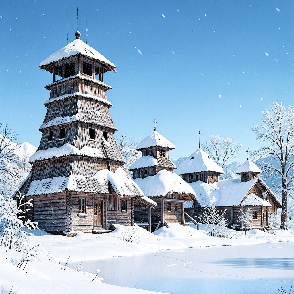 Kizhi Pogost bell tower and churches in deep winter snow, wooden architecture, frozen lake, blue sky, crisp cold atmosphere, historical illustration, aspect ratio 4:3