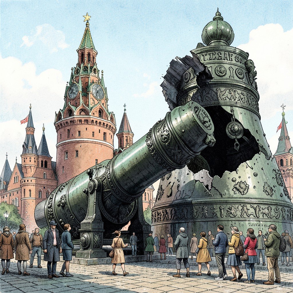 Tsar Cannon and Tsar Bell in the Kremlin Moscow, massive bronze artillery and giant broken bell, detailed metalwork, tourists looking, historical illustration style, aspect ratio 4:3
