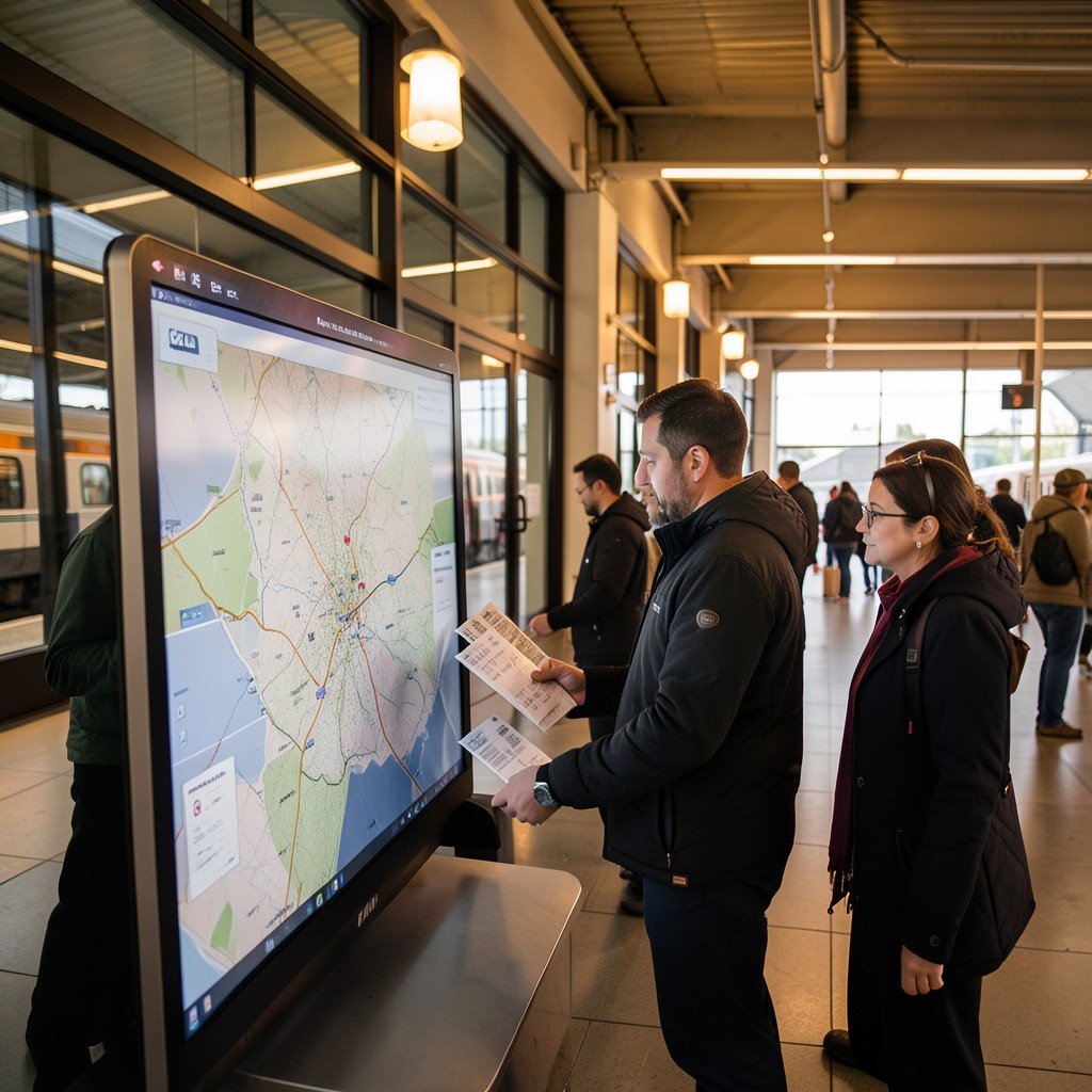 Travelers checking a digital map and train tickets at a modern transport hub, warm lighting, lifestyle photography, natural setting, aspect ratio 4:3