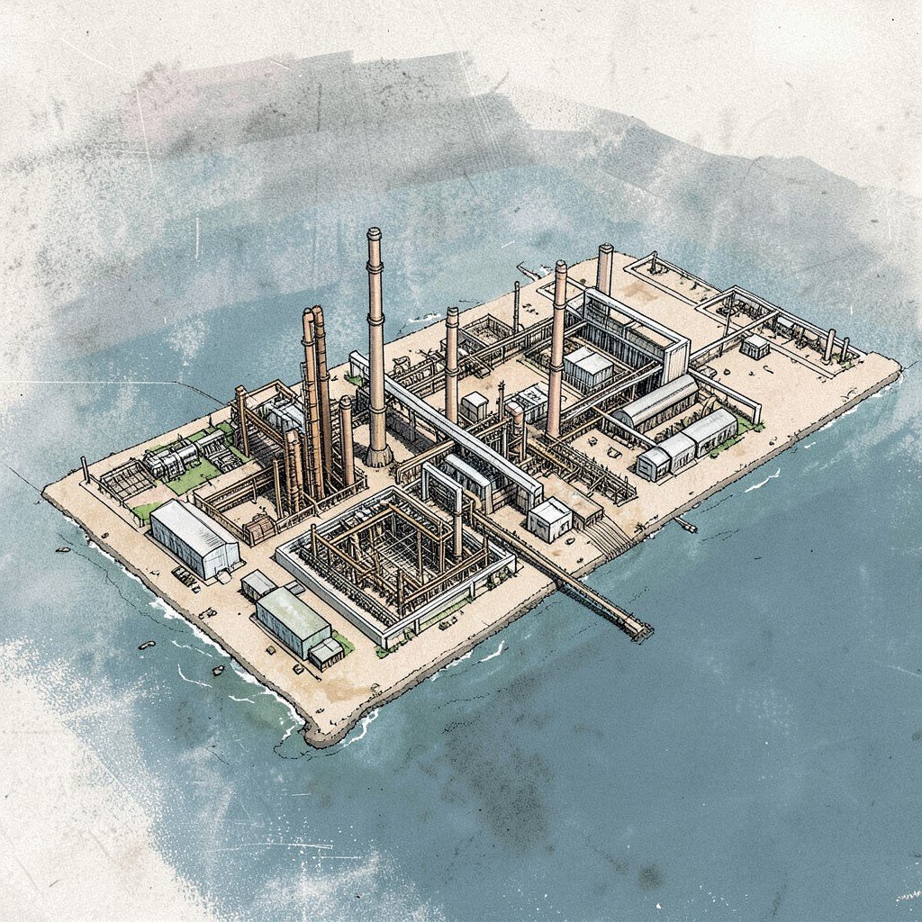 Aerial view of an industrial oil refinery complex on the coast with no connecting pipelines visible, textured background, illustration style, aspect ratio 4:3
