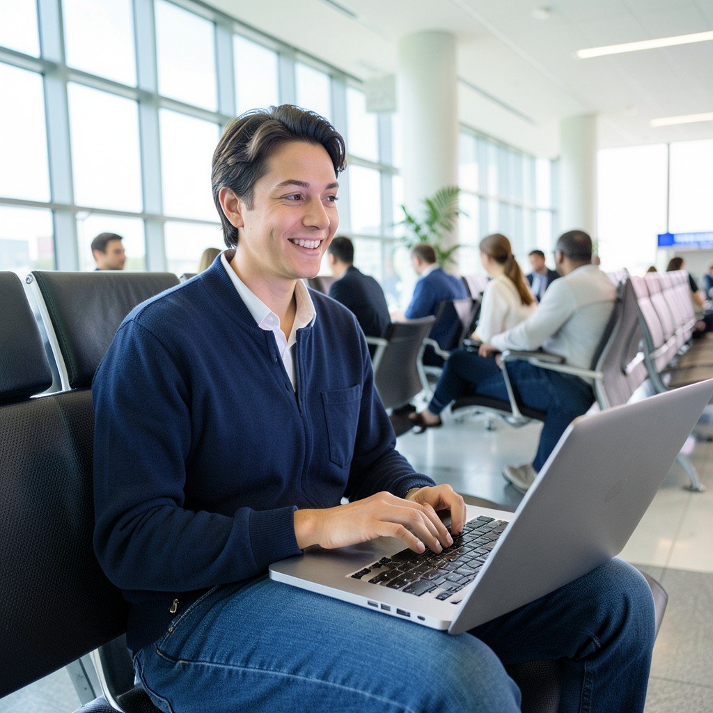A passenger sitting at an airport lounge rebooking a flight on a laptop, bright balanced lighting, lifestyle photography, natural expression, aspect ratio 1:1