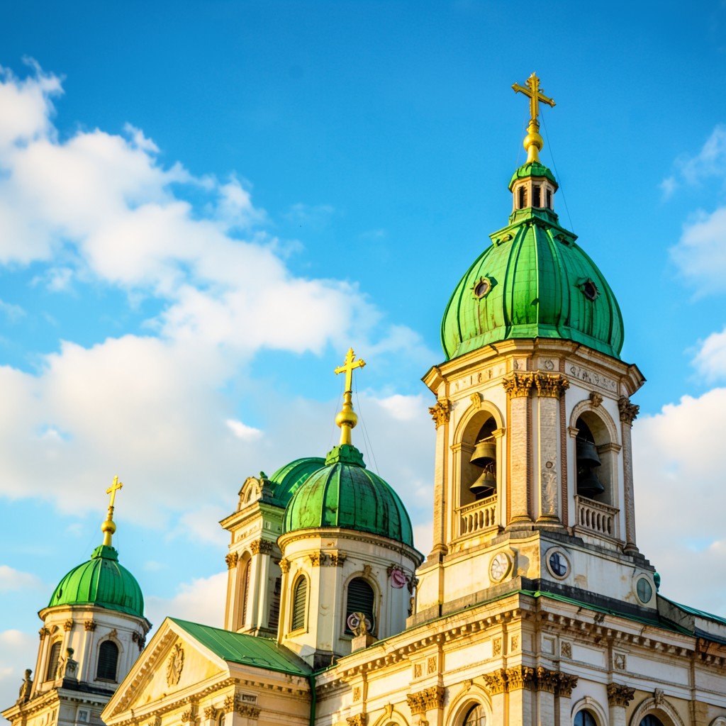 The green domes and golden crosses of a historic cathedral against a bright blue sky with soft clouds, vivid colors, architectural photography, warm morning lighting, aspect ratio 1:1