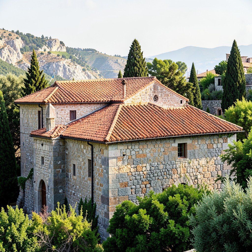 Exterior of Hosios Loukas monastery in Greece, terracotta roof and stone walls surrounded by greenery, History/Culture style, 4:3 aspect ratio, NO KOREAN Text