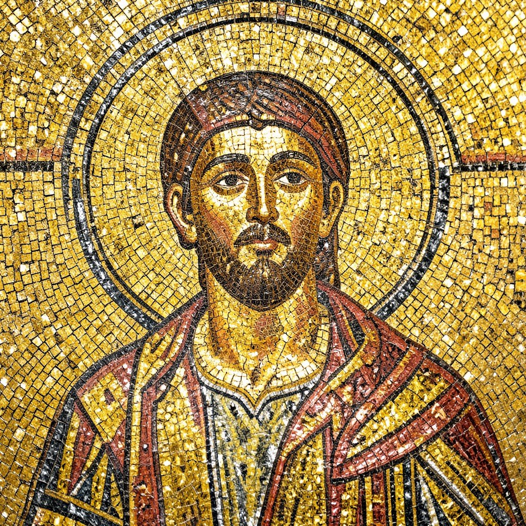 Close up of Byzantine golden mosaic artwork depicting a religious figure, intricate detail and gold tesserae, History/Culture style, 1:1 aspect ratio, NO KOREAN Text