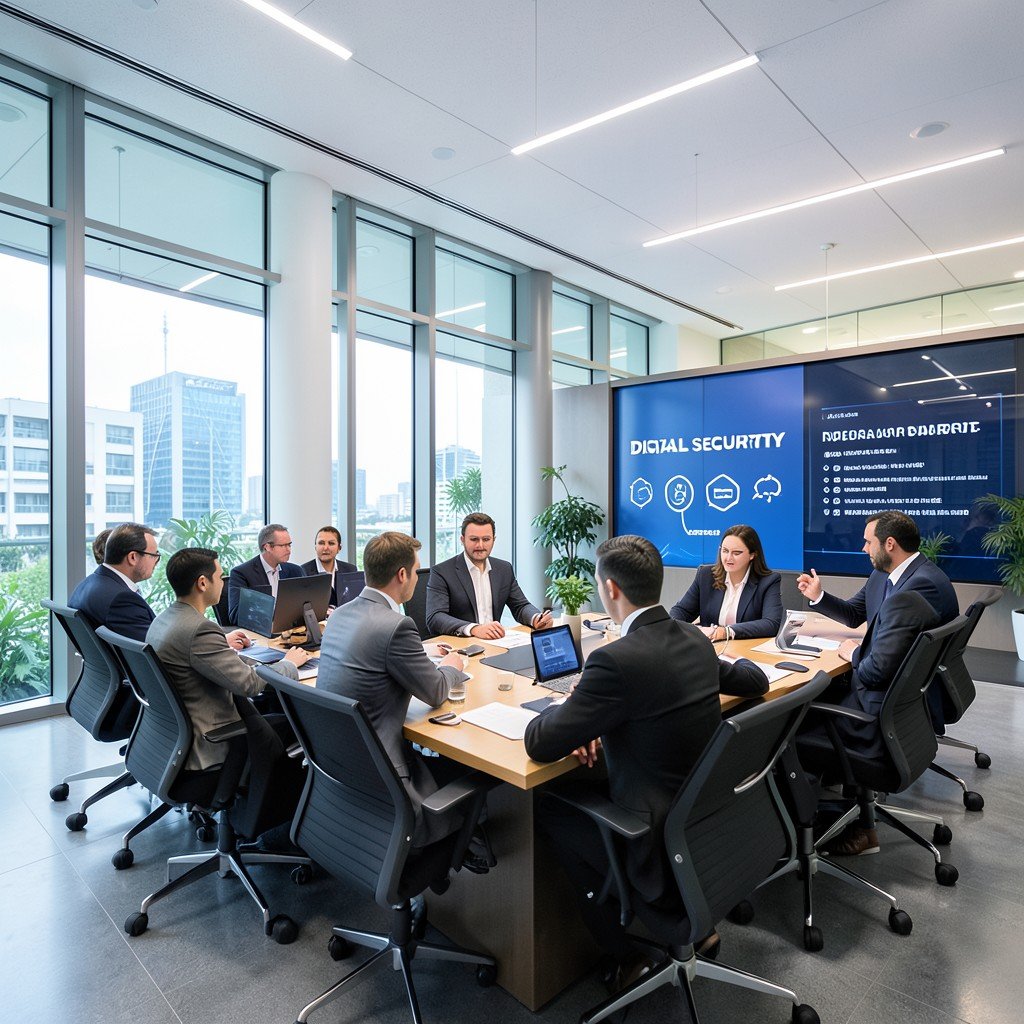A professional meeting in a modern government building discussing digital security policies, bright balanced lighting, aspect ratio 1:1