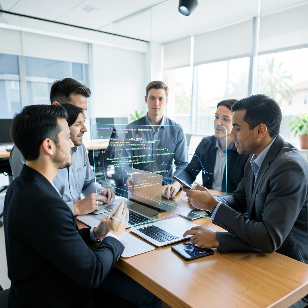 IT professionals collaborating around a digital holographic interface showing AI code, modern bright office setting, technology focus, aspect ratio 1:1