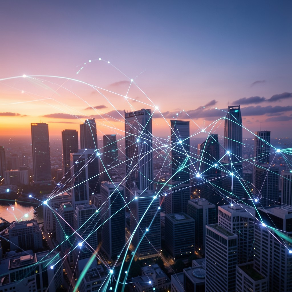 Abstract visual of cloud computing and AI network nodes connecting over a modern city skyline at dusk, soft glowing data streams, aspect ratio 4:3