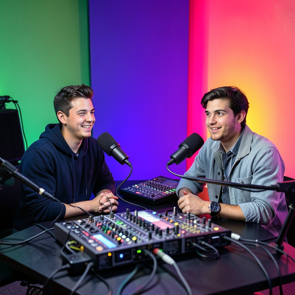 Two young male podcast hosts in a professional studio setting with tech equipment, vibrant colored background, aspect ratio 1:1