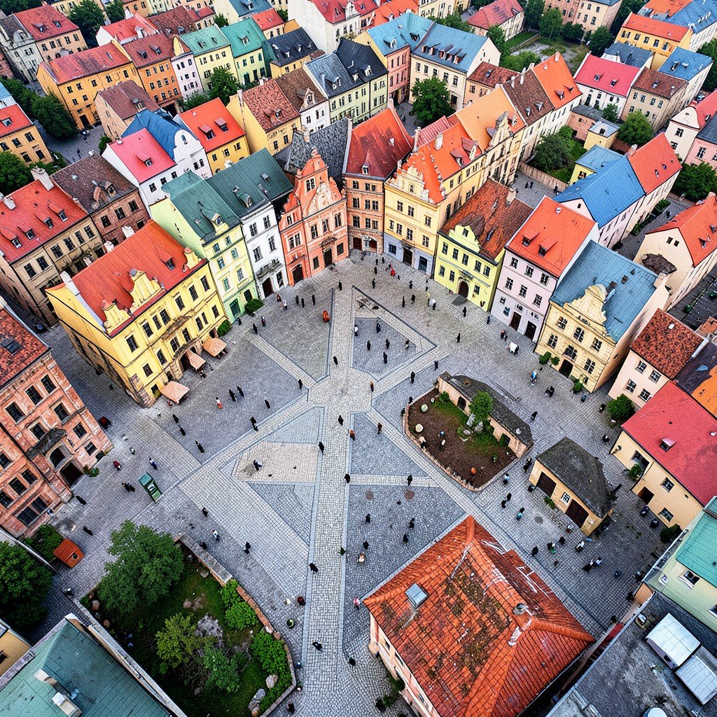 Aerial view of the Renaissance old town in Zamosc Poland showing geometric street layout and colorful historic buildings with rich textures no text 1:1