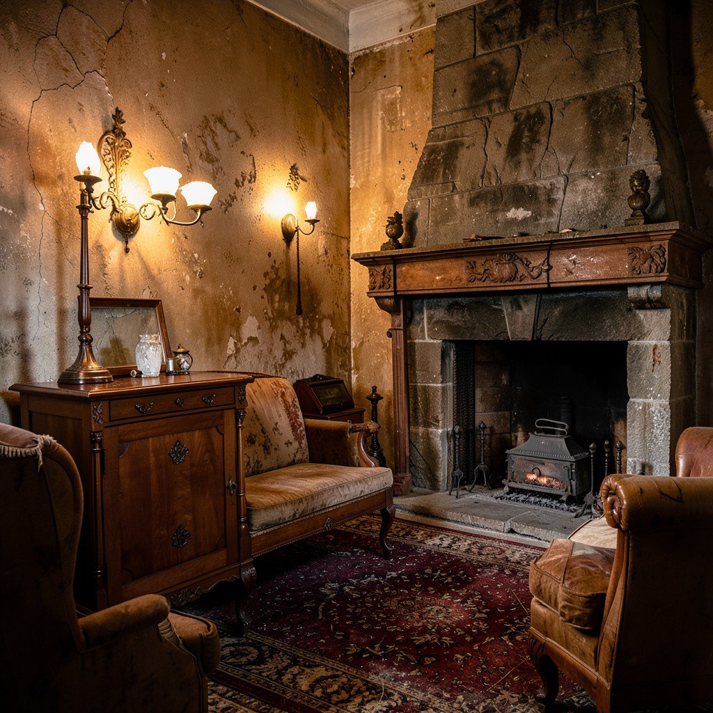 18th century Swedish historical living room with antique wooden furniture and a stone fireplace, warm lighting, textured vintage background, no text, 4:3