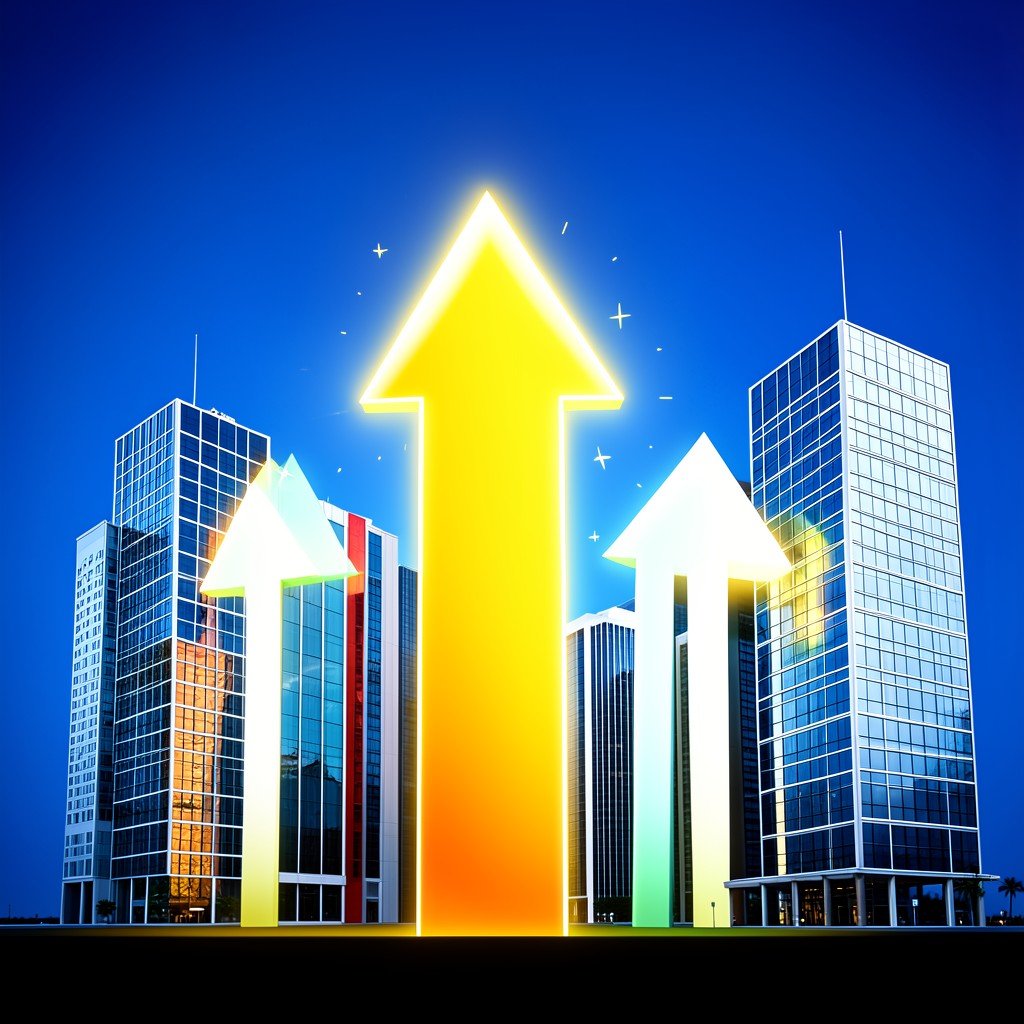 Abstract representation of a massive financial milestone with glowing upward arrows and modern corporate buildings, clean infographic, high contrast, aspect ratio 4:3