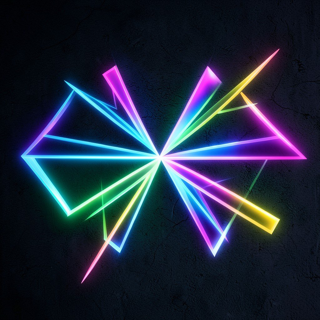Abstract concept of competing AI technologies represented by glowing geometric shapes in different colors clashing on a dark textured background aspect ratio 4:3