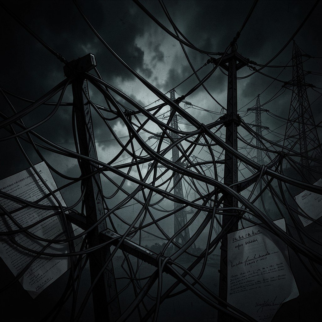 Abstract illustration of regulatory barriers and power grids, tangled cables and legal documents, moody lighting, cinematic, no people, no text, 4:3
