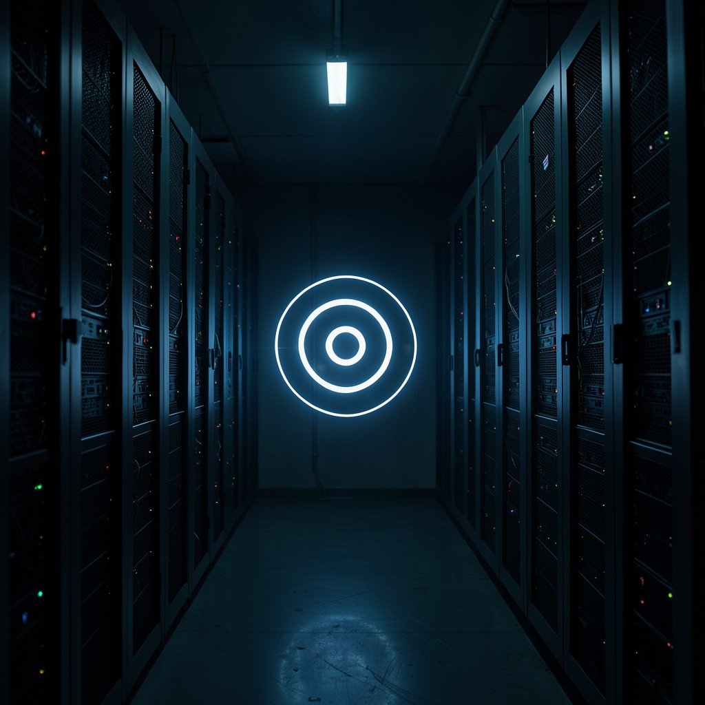 Server racks in a dimly lit data center with a pause symbol glowing in the center, cinematic lighting, technological, no people, no text, 4:3