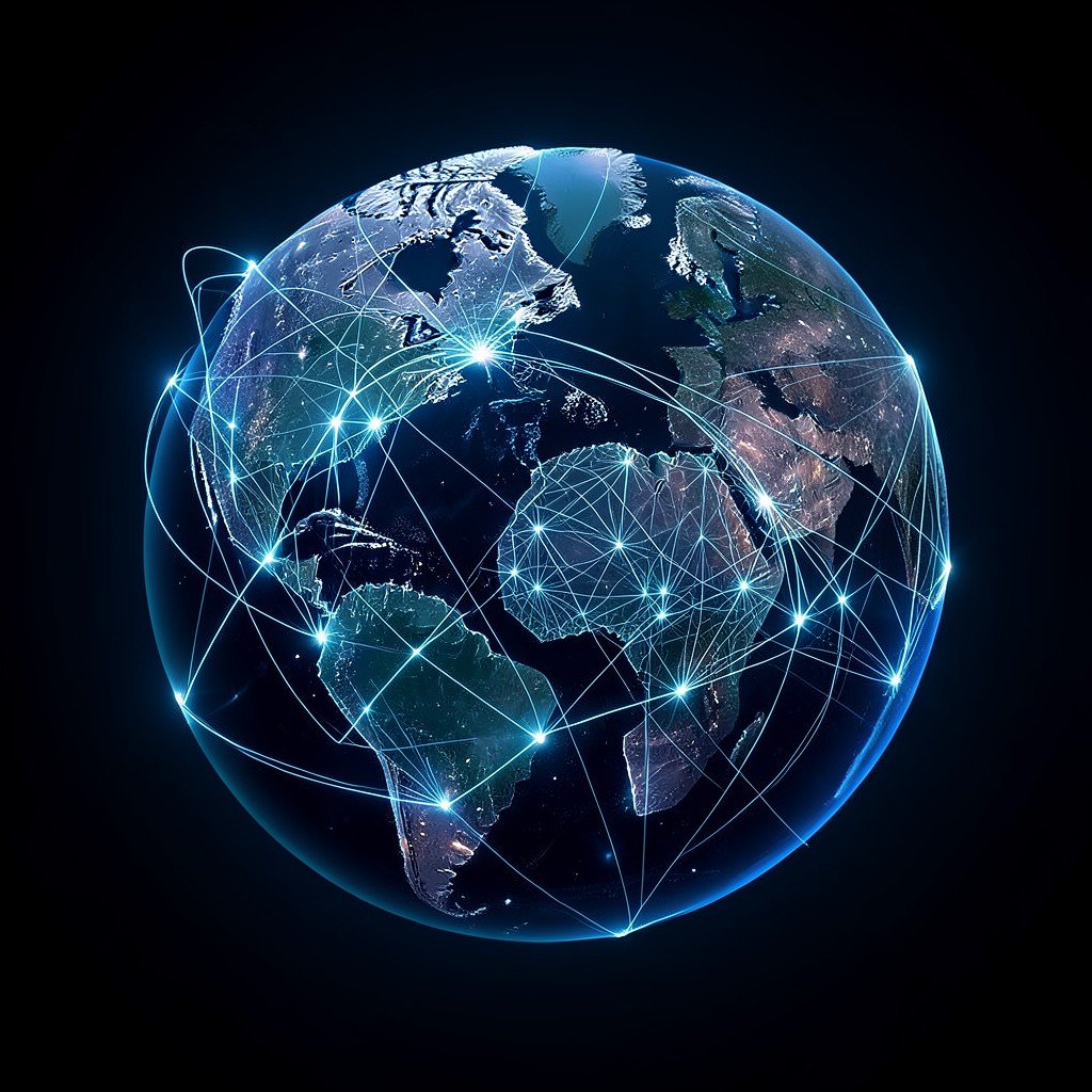Abstract concept of global energy and technology policy, glowing network lines connecting across a dark globe, futuristic, no people, no text, 4:3