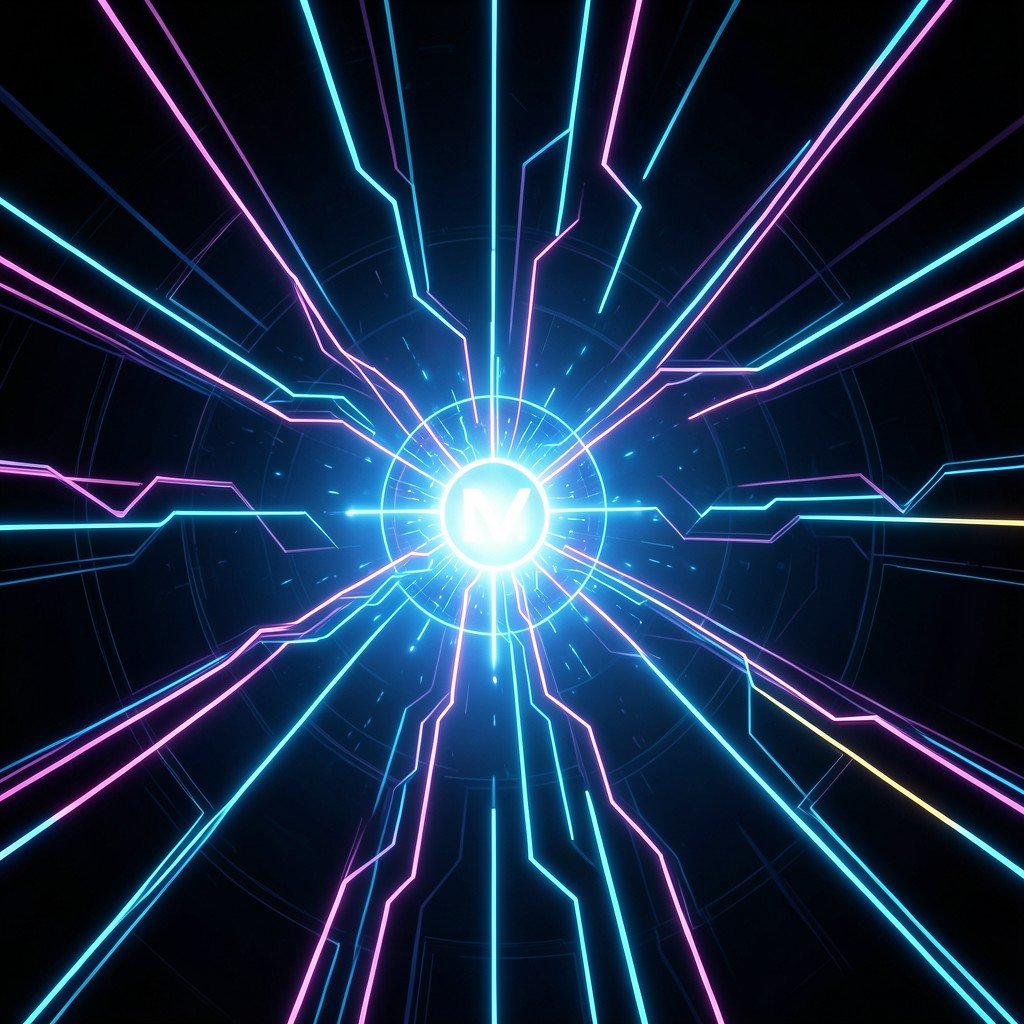 An abstract futuristic concept of glowing semiconductor pathways converging towards a bright AI core. Aspect ratio: 1:1