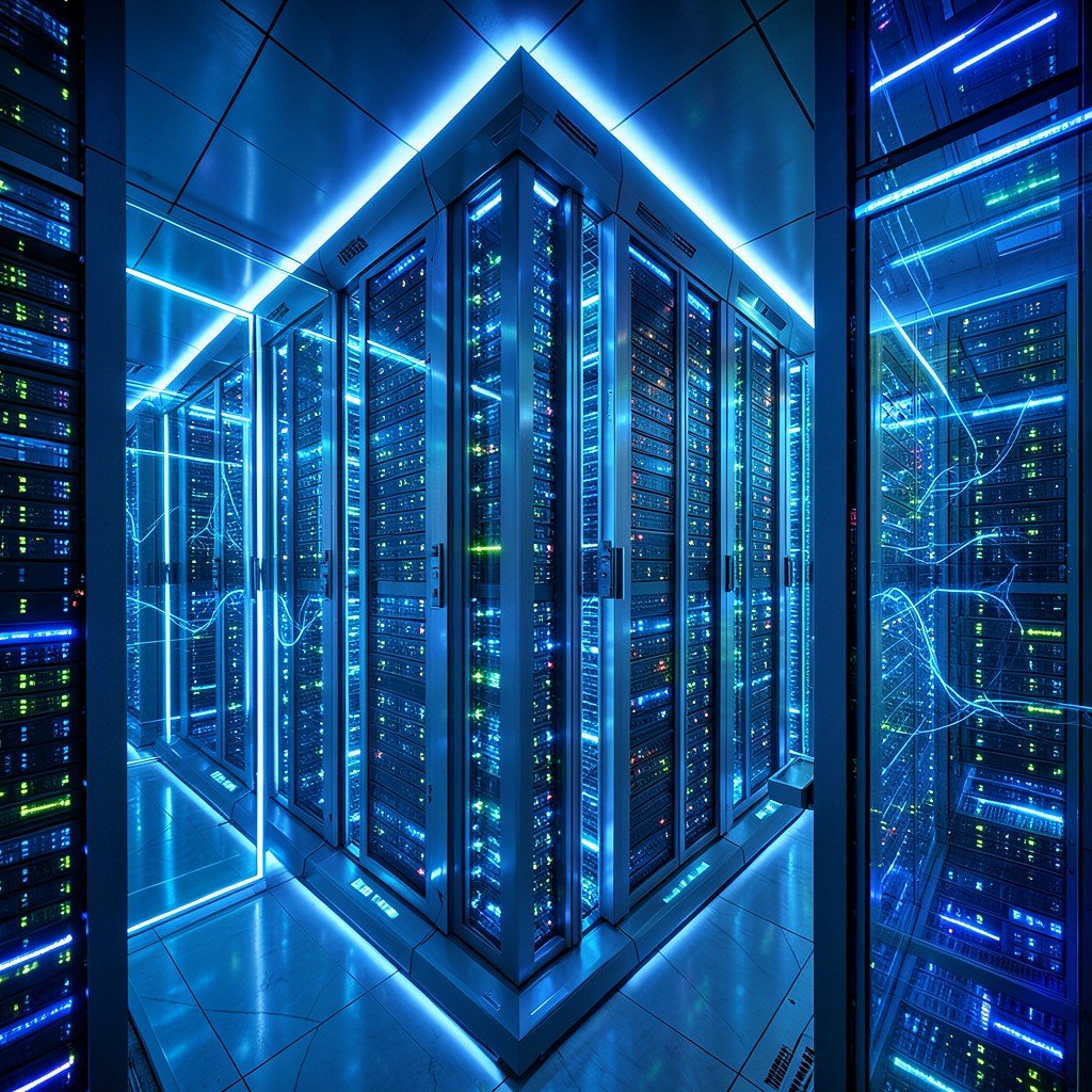 Massive futuristic data center glowing with server racks and bright blue lights representing enormous capital investment in AI, no text, 4:3