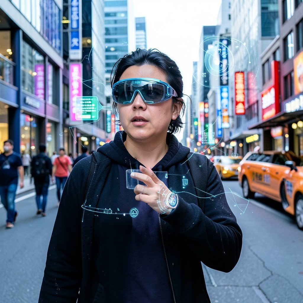 Person wearing futuristic smart glasses walking through a vibrant modern city street seamlessly interacting with AI, no text, 4:3