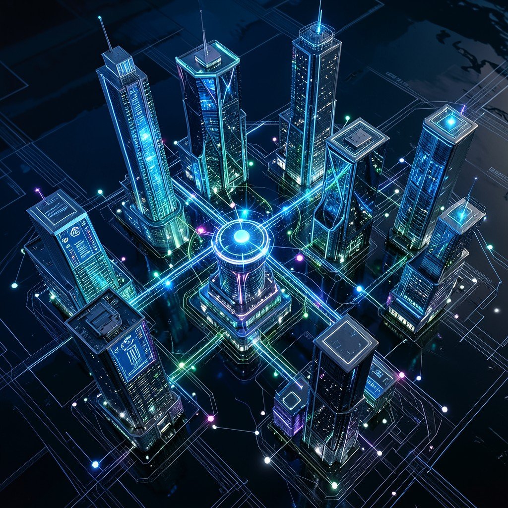 Network of connected futuristic buildings and glowing data nodes symbolizing industry ecosystem expansion 1:1