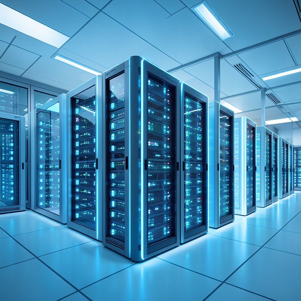 A conceptual illustration of glowing data servers in a modern data center, clean modern architectural setting, cool blue lighting, no text, aspect ratio 1:1