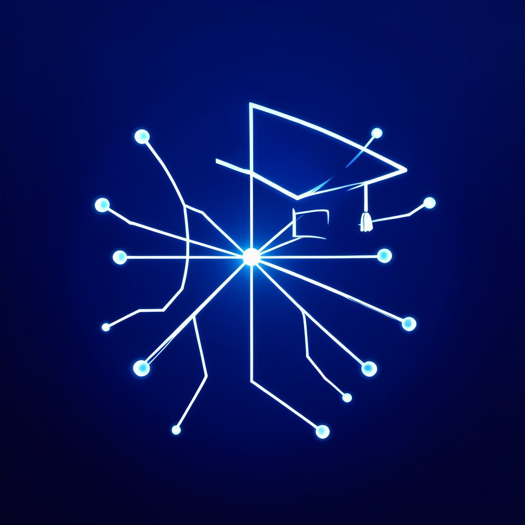 Abstract representation of AI education policy, glowing neural network lines connecting to a graduation cap on a solid dark blue gradient background, clean infographic style, modern layout, high contrast, 1:1