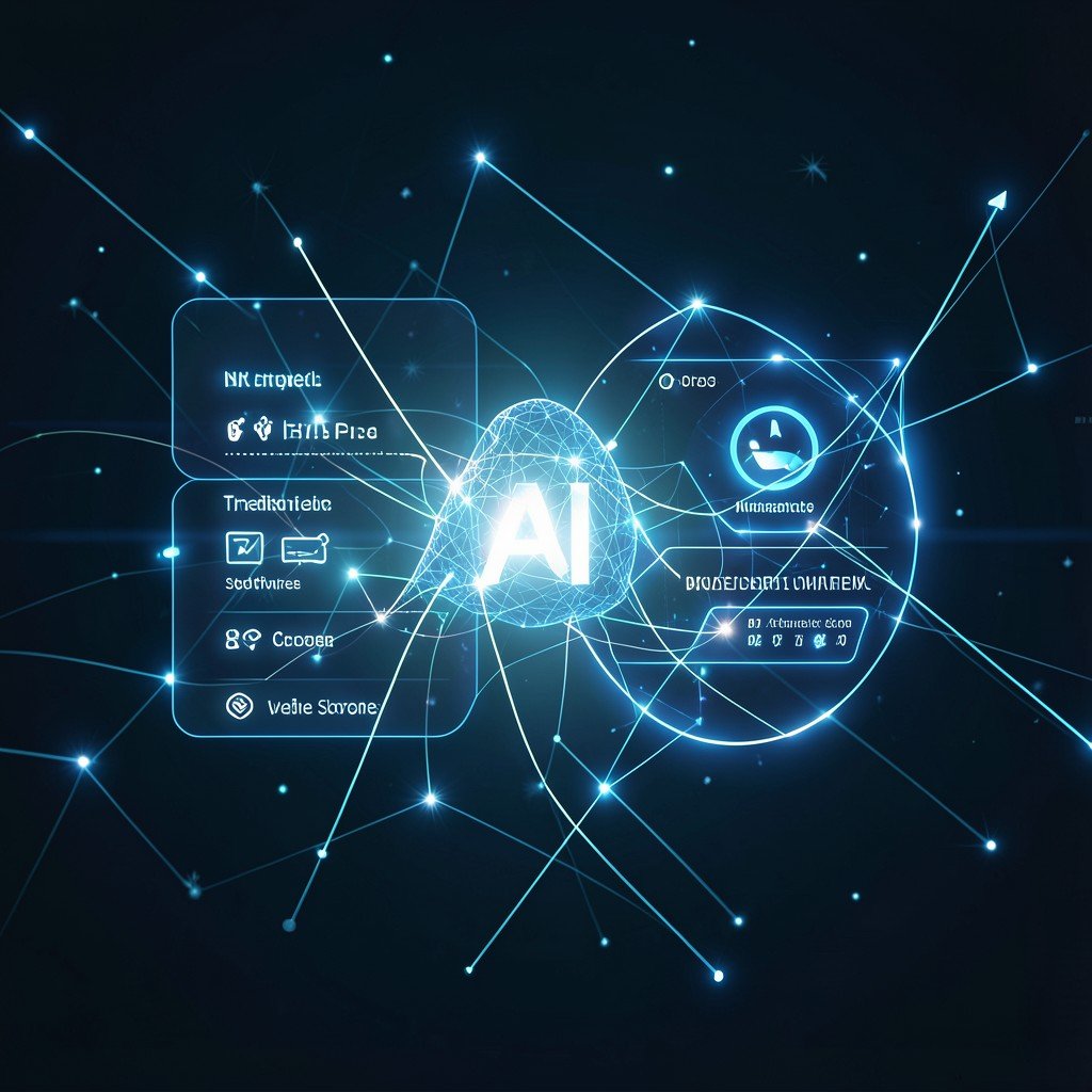 Abstract concept of AI integration with traditional software glowing digital network connections futuristic yet grounded business style 1:1