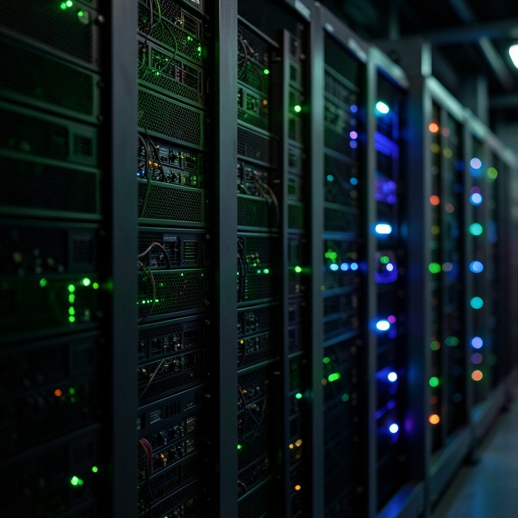 A row of rack mounted AI servers in a data center, glowing green and blue lights, depth of field, cinematic lighting, no text, aspect ratio 1:1