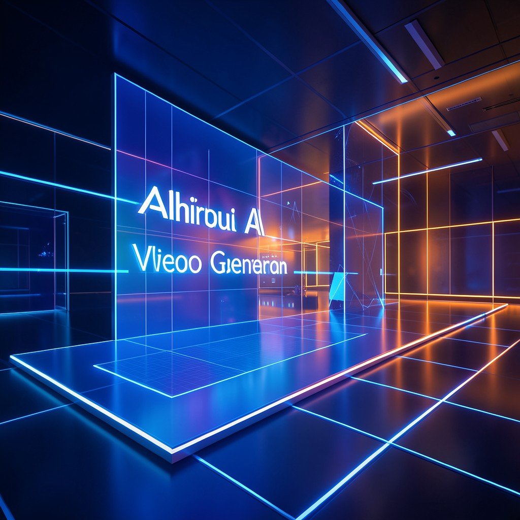 Abstract representation of Alibaba AI video generation technology modern futuristic environment blue and orange lighting 4:3