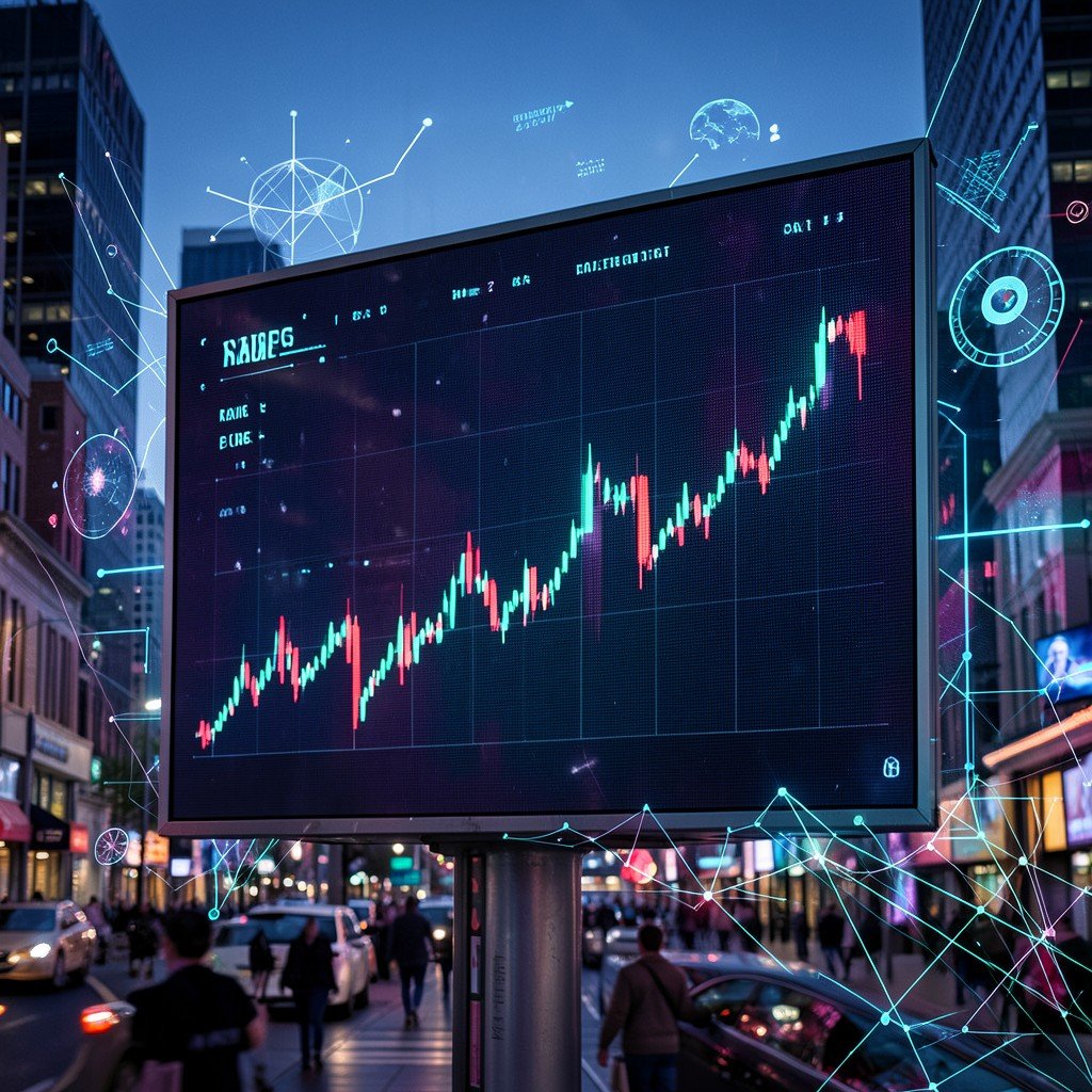 Stock market digital screen showing upward trend with abstract tech elements financial district background 4:3